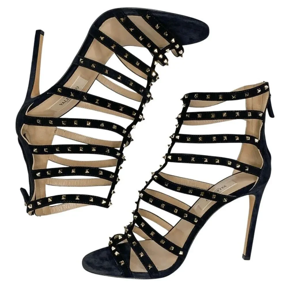 Valentino Garavani Caged Stud Sandal EU 37 US 7 Black Suede High Heel Rockstud
